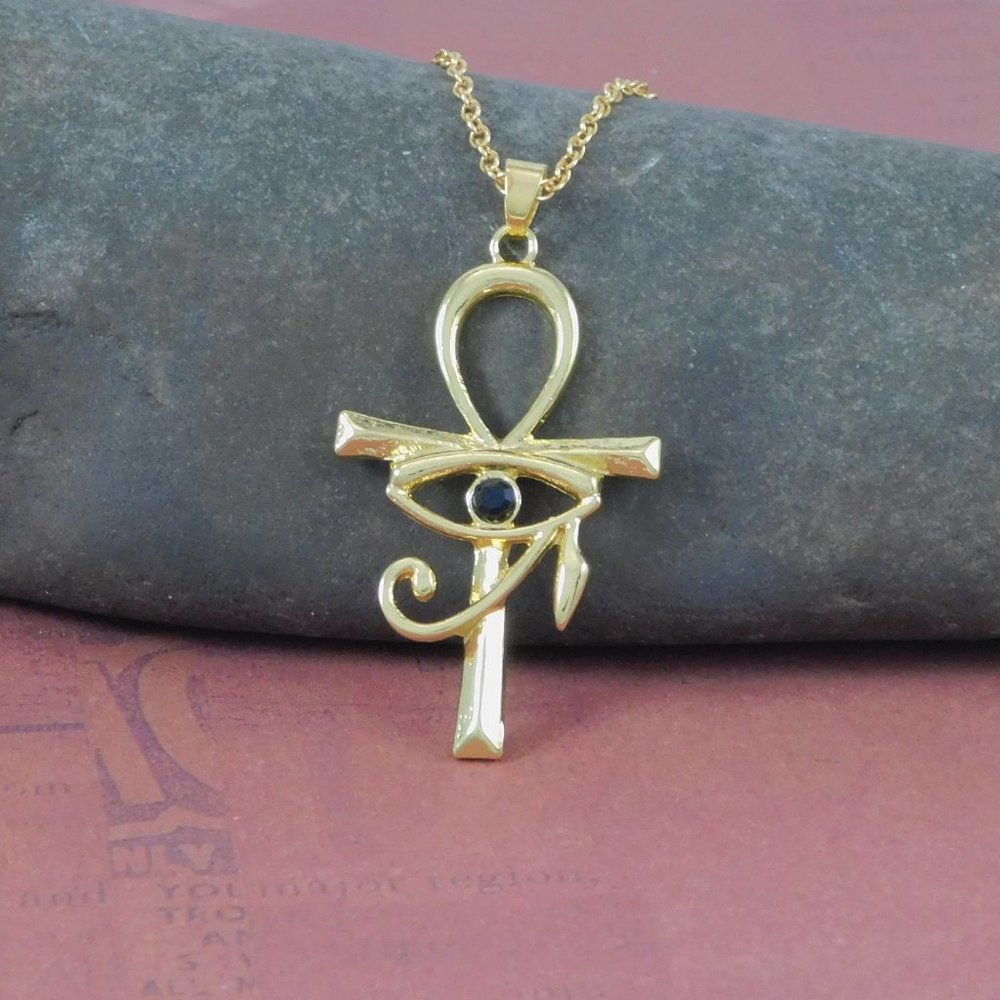 Gold Egyptian Ankh Cross with Eye of Ra Necklace